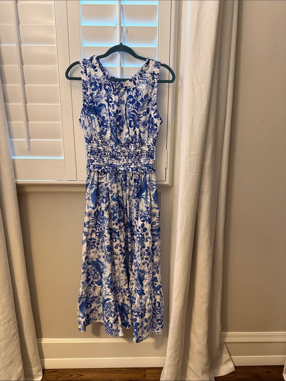 Blue & White Floral Maxi Dress - Sleeveless Smocked Waist